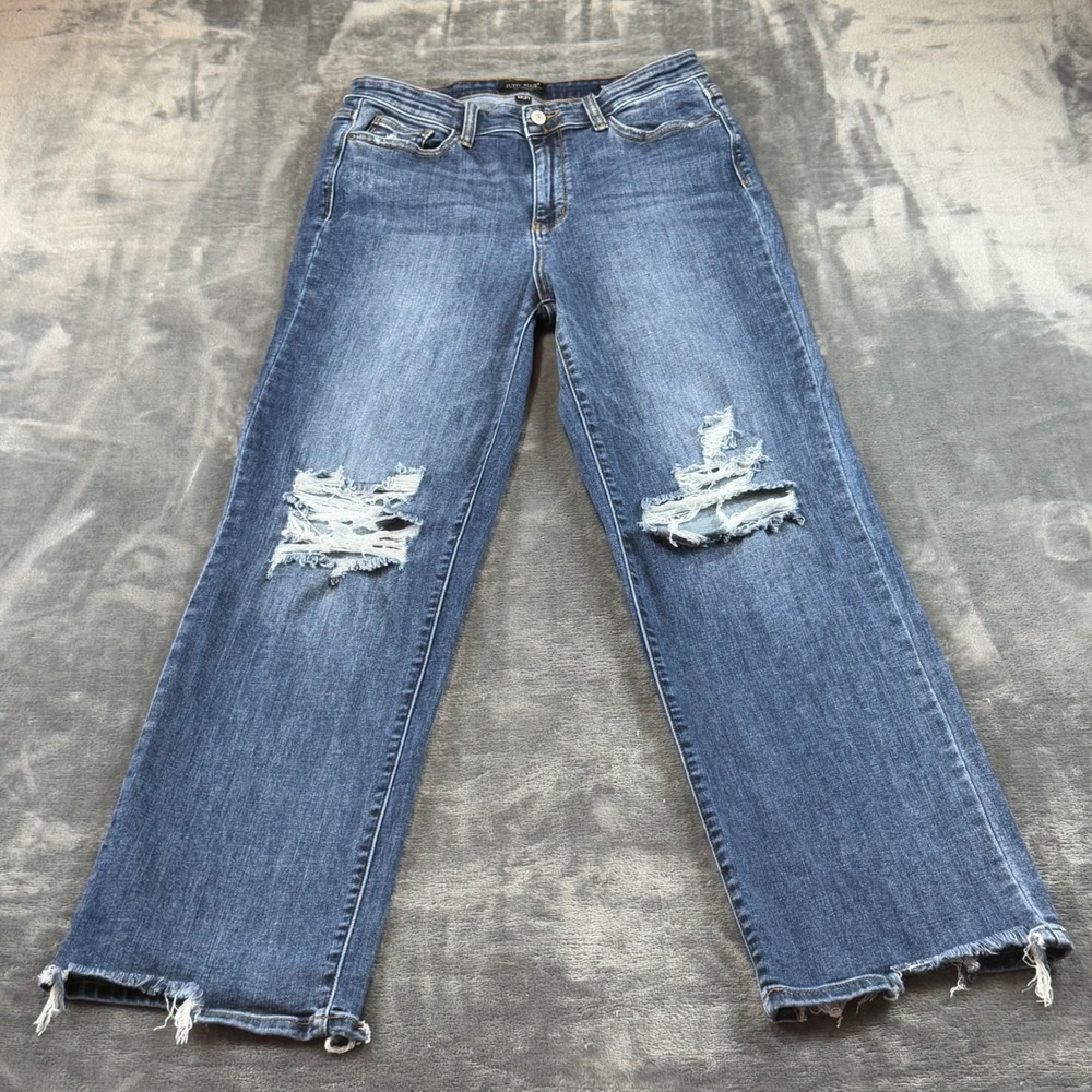Judy Blue Straight Fit Distressed Raw Hem Jeans Blue JB82592DK-CO 13/31